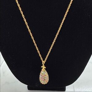 Vintage Joan Rivers Fleur De Lis Pastel Rhinestone Egg Necklace 30 inches